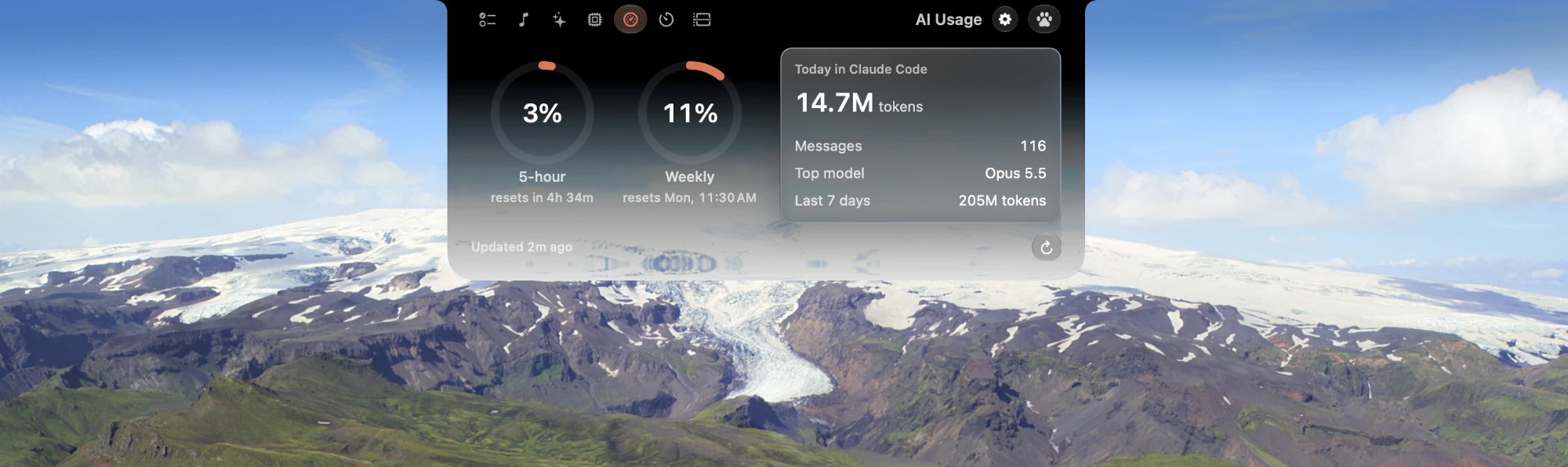 AI Usage tab: 5-hour and weekly Claude limits as rings and today's tokens