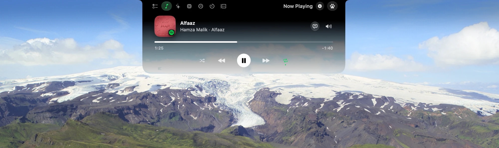 Now Playing tab: album art, track and playback controls for Spotify or Apple Music