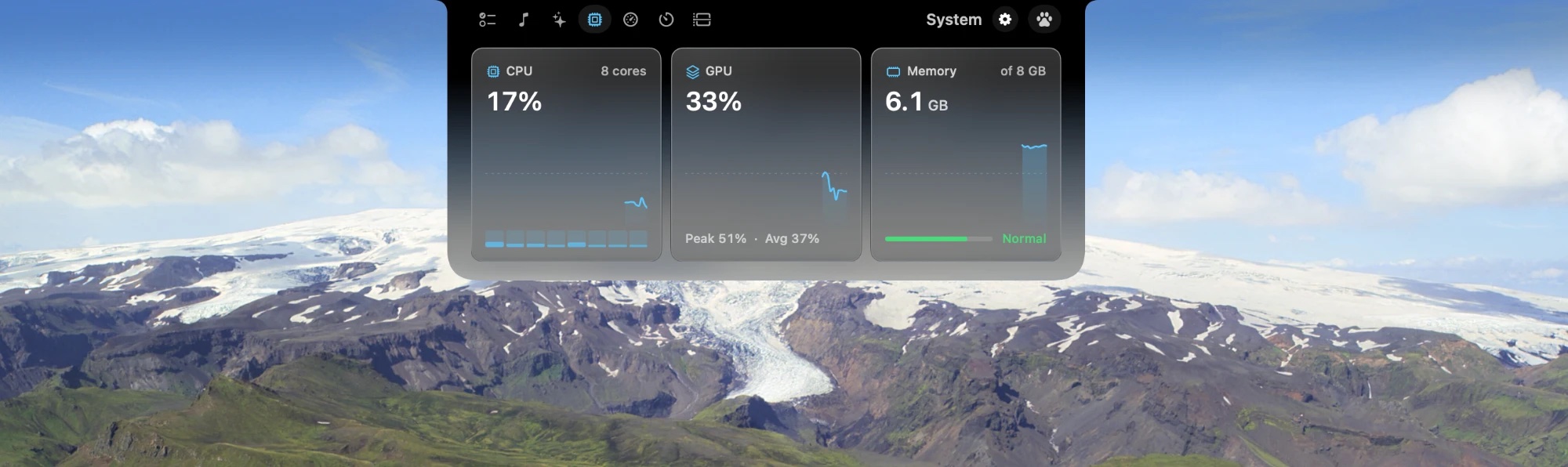 System tab: live CPU, GPU and memory use