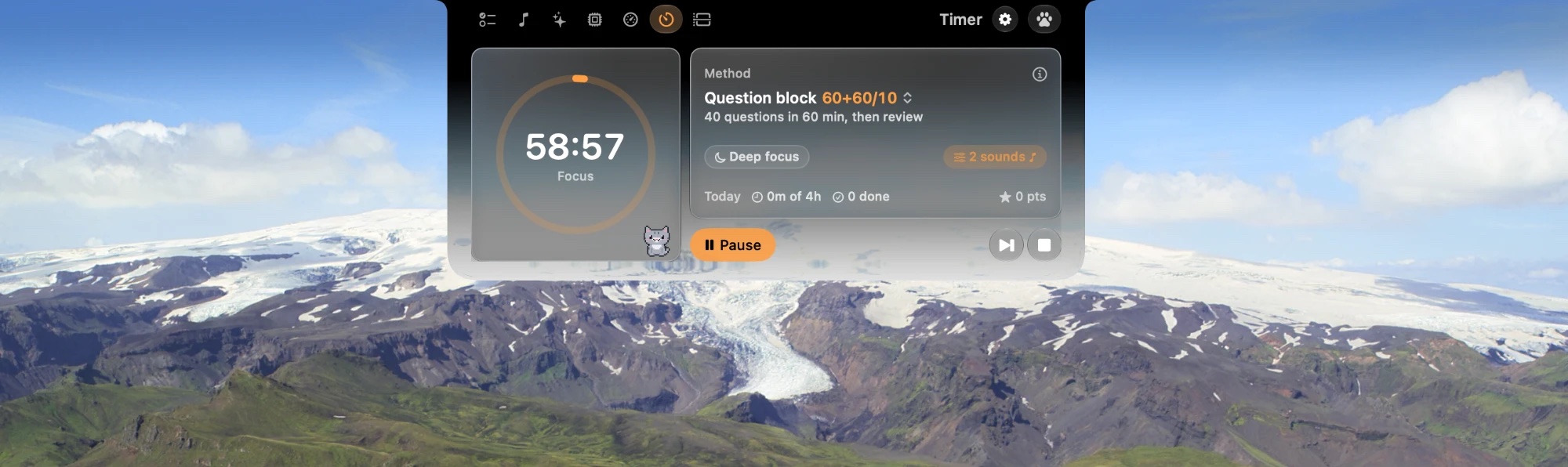 Notchetta's Timer tab open under the MacBook notch: a focus round running, focus sounds and the pixel cat